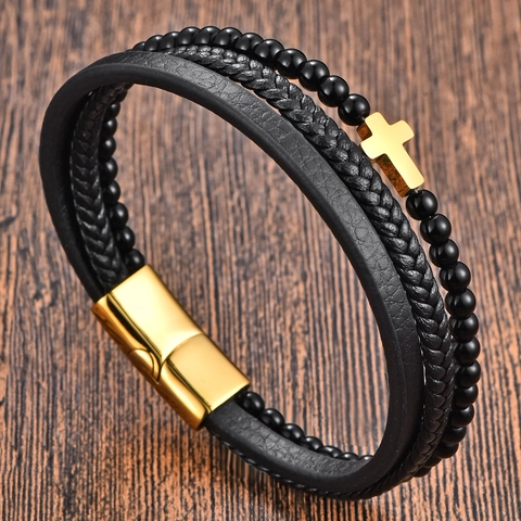Bracciale Multistrato In Pelle Da Uomo Con Pendente A Croce In Acciaio Inossidabile E Chiusura Magnetica Perle Intrecciate Gioielli Religiosi Stile Punk