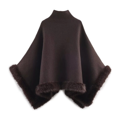 Châle Cape en Tricot à Col Haut Élégant pour Femme Marron Foncé Bordure en Fausse Fourrure Poncho Court pour Automne Hiver