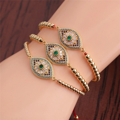 Bracciale Occhio Del Diavolo Rame Zircone Micro Intarsiato Placcato Oro Regolabile Catena Di Perline Gioielli Boho Da Donna