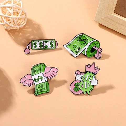 Creatieve Cartoon Dollarteken Emaille Broche Gepersonaliseerde Vliegend Geld Gokkasten Zinklegering Badge Accessoires