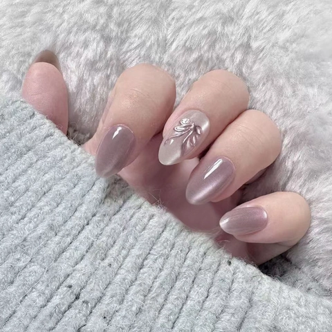 Uñas Postizas Press On Ojo De Gato Lazo 3D Corazón Forma Almendra Manicura Desmontable Para Mujeres Elegante