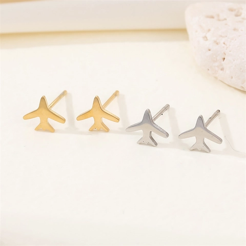 Airplane Stud Earrings Stainless Steel Glossy Minimalist Cute Personalized Korean Style Travel Theme Jewelry For Women Men
