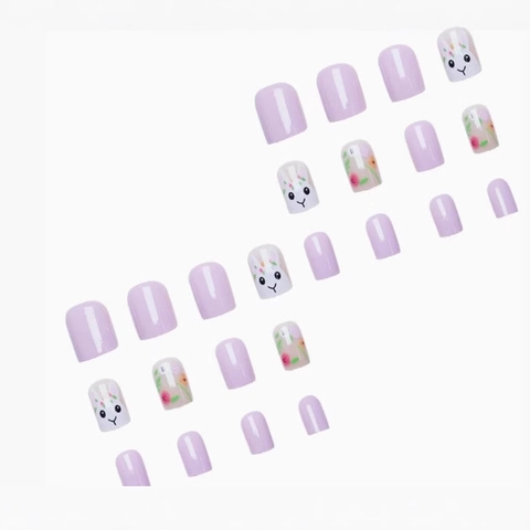 Press On Nails Short Square Glossy False Nails Featuring Easter Rabbit Bunny And Floral Designs For Women