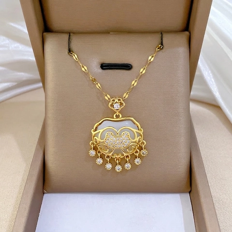 Collana Con Pendente Serratura Ruyi Longevità Catena In Acciaio Inossidabile Rame Zirconia Nappa Stile Tradizionale Gioielli Eleganti Donna