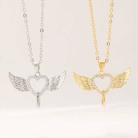 Angel Wings Heart Pendant Necklace For Women Copper Alloy Rhinestone Inlaid Gold Silver Jewelry Gift Fashion Accessory