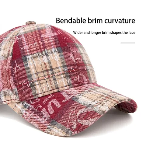 Plaid Baseball Cap Retro Polyester Sun Hat With Adjustable Stainless Steel Buckle Graffiti Print For Men Women