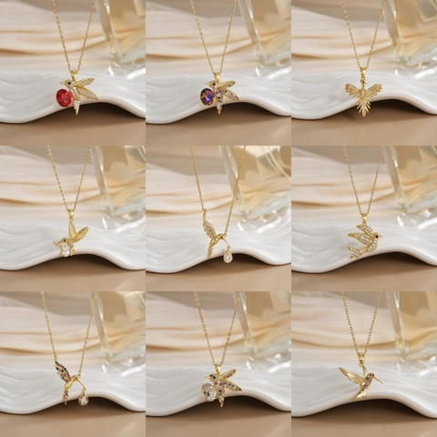 Hummingbird Pendant Necklace Gold Plated Copper With Zirconia Colorful Enamel Elegant Animal Jewelry For Women