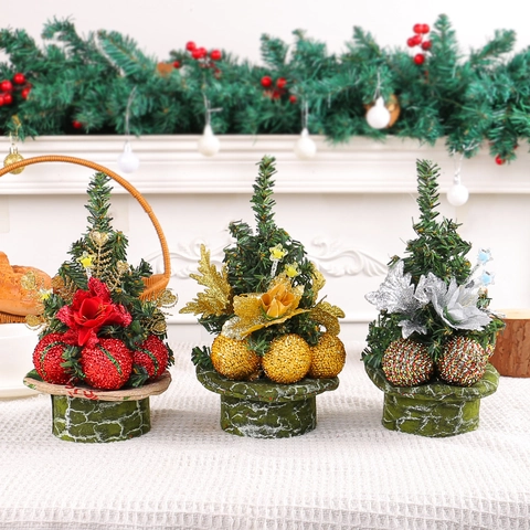 Mini Artificial Christmas Tree Desktop Ornament Plastic Polyester Wire Pine Needle Balls Flowers For Festive Holiday