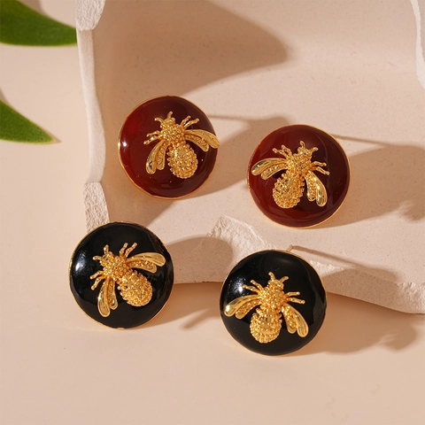 Vintage Round Enamel Stud Earrings With 3D Bee And 925 Sterling Silver Earring Post Retro Small Jewelry For Women