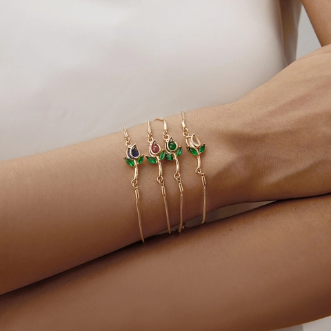 Tulip Flower Bracelet Copper Alloy Rhinestone Inlaid Elegant Snake Chain Adjustable Jewelry For Women