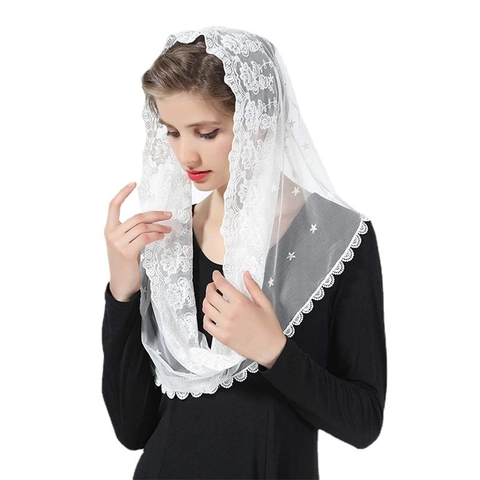 Vintage Lace Veil Mantilla Floral Embroidery Wedding Church Chapel Head Covering Bridal Scalloped Mesh Shawl Accessory Women