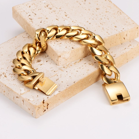 Bracciale A Catena Cubana Hip Hop Placcato Oro 18K Acciaio Inossidabile 304 Lucidato Gioielli Pesanti Per Uomini