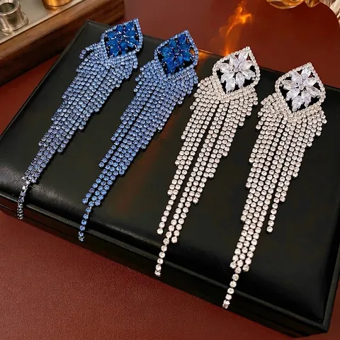 Luxe Rhombus Bloem Zircon Kwastje Druppel Oorbellen Met Zilveren Oorbel Post Koper Elegant Feest Voor Vrouwen