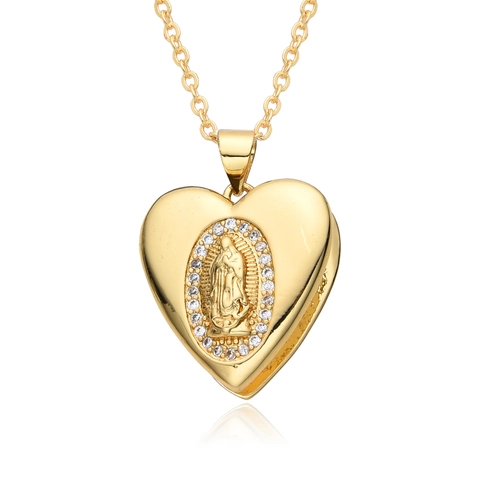 Hart Medaillon Ketting Koper Verguld Religieus Maagd Maria Hanger Strass Micro Pave Voor Vrouwen