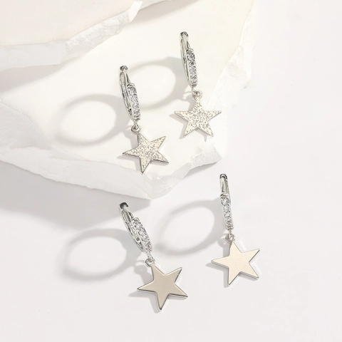 Star Huggie Hoop Earrings With 925 Sterling Silver Earring Post Copper Full Rhinestone Pentagram Pendant For Women Trendy
