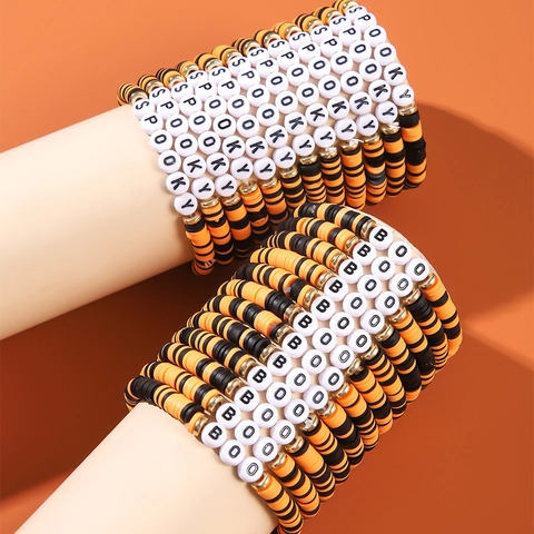 Bracciale Perline Lettere Spooky Boo Argilla Polimerica Heishi Elastico Multistrato Halloween Gioielli Costume Donna
