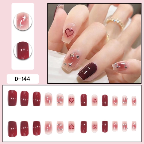 Uñas Postizas Largas Cuadradas Degradado Rojo Vino Rosa Con Diamantes Corazón Estrella Diseño Brillante