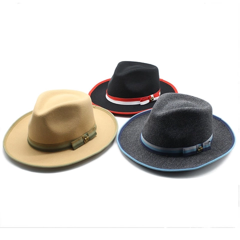 Cappello Fedora Classico In Feltro Di Lana A Tesa Larga Retro Britannico Gentleman Jazz Con Fascia A Righe E Fibbia In Metallo