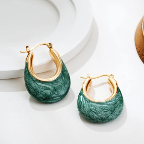 Pendientes De Aro En Forma De U De Acero Inoxidable Con Esmalte Colorido Textura De Mármol Estilo Retro Francés
