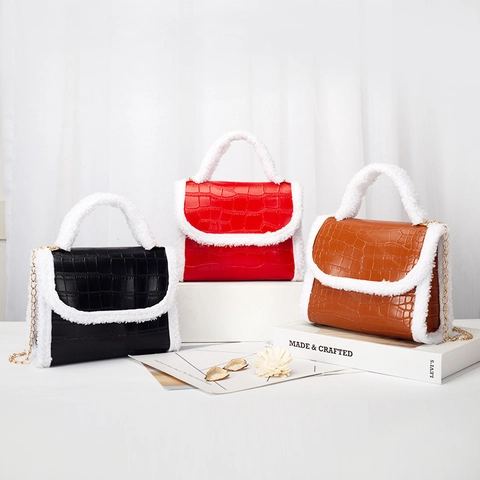 Crocodile Pattern PU Leather Handbag With Plush Trim Gold Chain Strap Elegant Crossbody Bag For Women