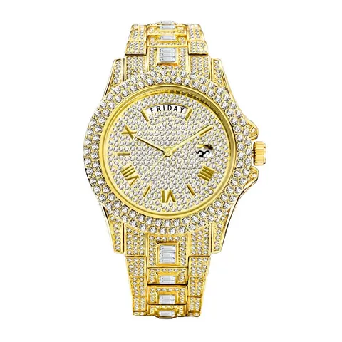 Orologio Quarzo Uomo Iced Out Diamante Completo Cinturino Lega Fibbia Acciaio Inossidabile Giorno Data Numero Romano Lusso