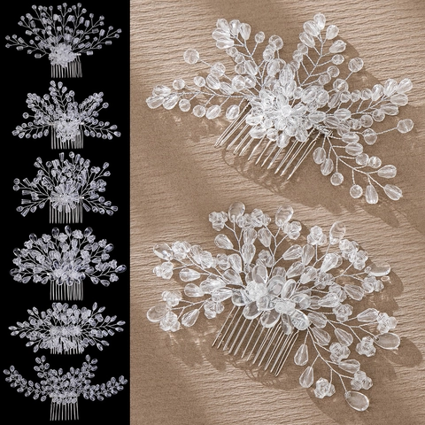 Handmade Bridal Hair Comb Crystal Imitation Artificial Pearl Beaded Floral Wedding Hair Accessories For Women Silver Metal Wire