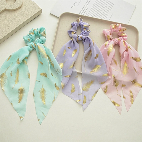 Scrunchies In Chiffon Con Stampa Piume Dorate Nastro Lungo Supporto Per Coda Di Cavallo Elastici Per Capelli Accessori Eleganti