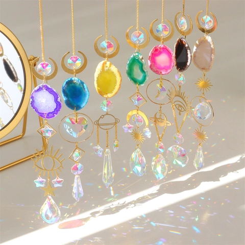 Κρυστάλλινο Sun Catcher Με Φέτες Φυσικού Αχάτη Πρίσμα Δημιουργός Ουράνιου Τόξου Διακόσμηση Παραθύρου Ουράνια