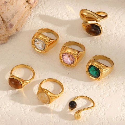 Mode 18K Vergulde Roestvrijstalen Ringen Voor Vrouwen Zirkoon Tijgeroog Vintage Geometrisch Verstelbaar Waterdicht