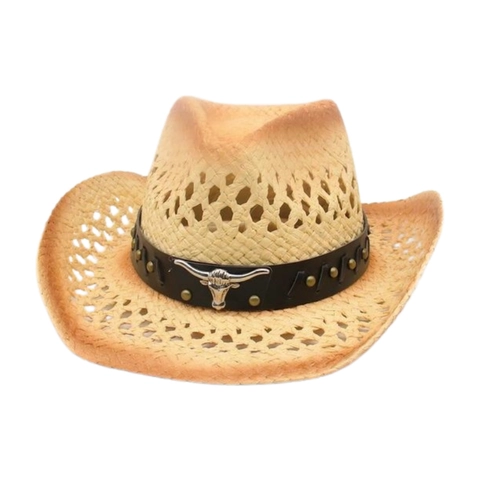 Western Cowboy Straw Hat Breathable Hollow Wide Brim Sun Protection Vintage Ethnic With Leather Band Metal Bull Head