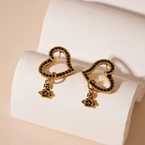 Retro Heart Saturn Drop Earrings With Zircon Inlaid Copper Jewelry Vintage Dark Style For Women With Silver Earring Post