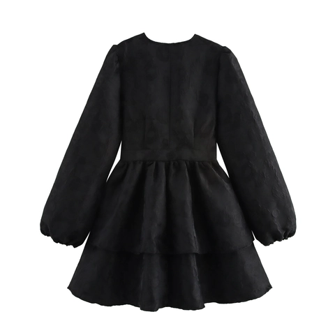 French Deep V Neck Long Sleeve Mini Dress Elegant Jacquard Tiered High Waist Solid Color Layered Women
