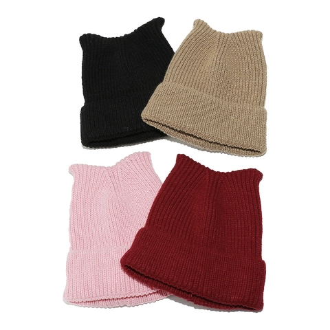 Gorro De Punto Con Orejas De Gato Mujeres Acrílico De Canalé Cálido Invierno Exterior Color Sólido Suave