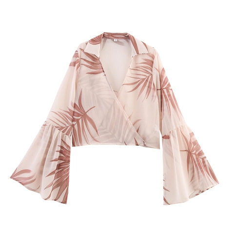 Chiffon Wikkelblouse V-Hals Bloemen Palmblad Print Lange Uitlopende Mouwen Vakantie Casual Top Dames