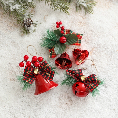 Campanelle Di Natale Ornamenti Appesi Campanelle In Metallo Fiocco Scozzese Aghi Di Pino Bacche Per Decorazioni Albero Di Natale