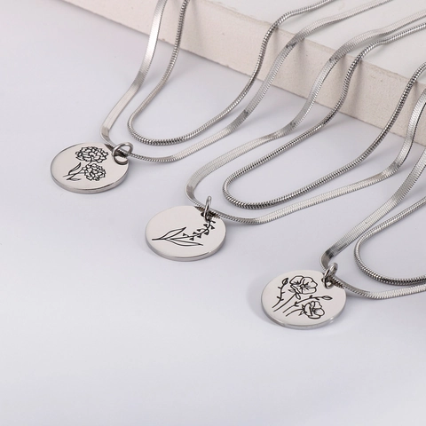 Birth Flower Pendant Necklace Stainless Steel Double Layer Stacking Snake Blade Chain Aesthetic Minimalist Jewelry Women
