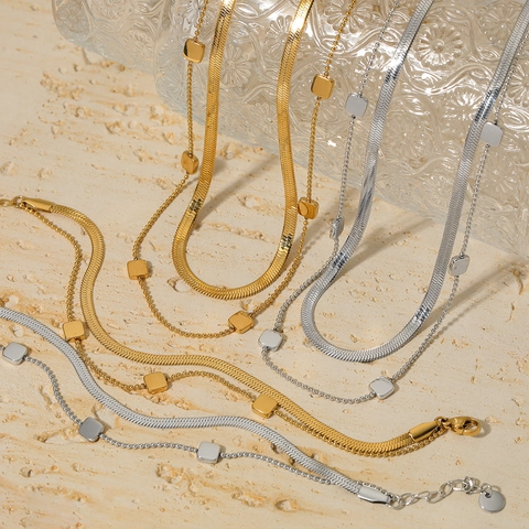 Stainless Steel Jewelry For Women Double Layer Snake Chain Necklace Bracelet Heart Hoop Earrings Geometric Ring Jewelry