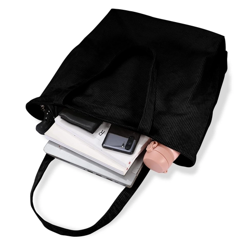 Corduroy Tote Bag Large Capacity Women Shoulder Handbag Casual Solid Color Zipper Shopping Bag For Daily Use
