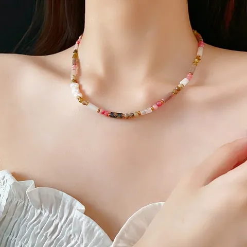 Handmade Natural Stone Beaded Necklace With Artificial Pearl Vintage Bohemian Niche Choker For Women