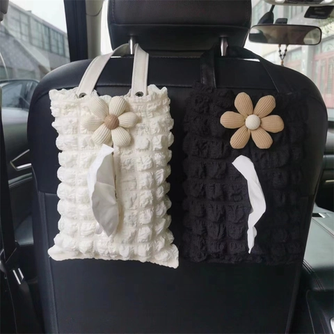 Car Back Seat Hanging Tissue Box Cover Popcorn Fabric With 3D Flower Ins Style Cute Organizer For Auto Headrest