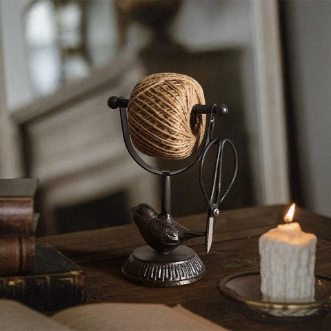 Vintage Cast Iron Animal Hemp Rope Holder With Scissors Antique Jute Twine Reel Stand Decorative Tabletop Home Ornament