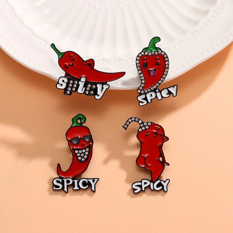 Divertido Broche de Esmalte de Chile Rojo Con Diamantes de Imitación Spicy Dibujos Animados Personificados Chile Insignia para Ropa Bolso Accesorios Joyería