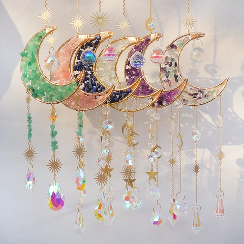 Crystal Suncatcher Moon Wind Chimes Natural Stone Metal Hanging Ornament Garden Window Boho Rainbow Prism Ball Decor