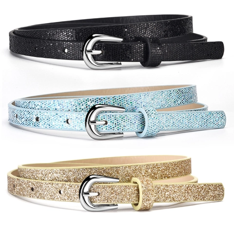 Meisjes Mode Riem PU Leer Glanzend Pailletten Glitter Dunne Tailleband Met Legering Gesp