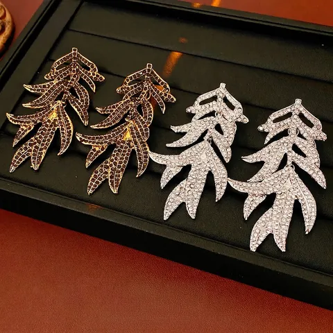Orecchini A Nappa Foglia Vintage Lega Rhinestone Squisito Lusso Gioielli Per Donne Con Perno In Argento