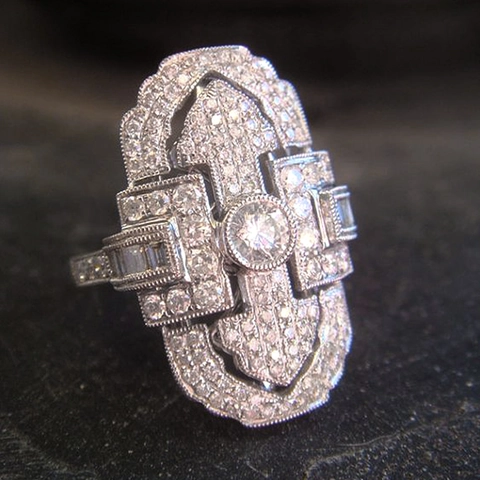 Art Deco Vintage Geometric Shield Ring Copper Zircon Inlaid Hollow Out Luxury Cocktail Finger Jewelry Unisex