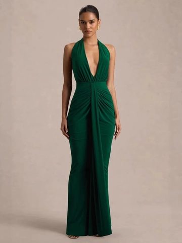 Vestito Maxi Halter Sexy Scollo A V Profondo Arricciato Schiena Scoperta Aderente Poliestere Elastan Elegante Serata