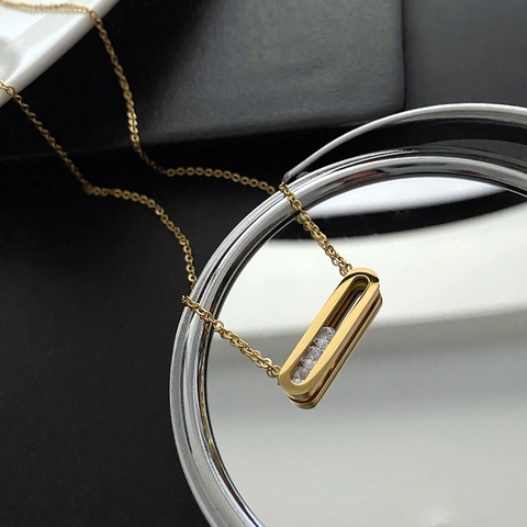 Minimalist Titanium Steel Necklace Women 18K Gold Plated Rectangular Hollow Pendant Sliding Zircon Stones Clavicle Chain