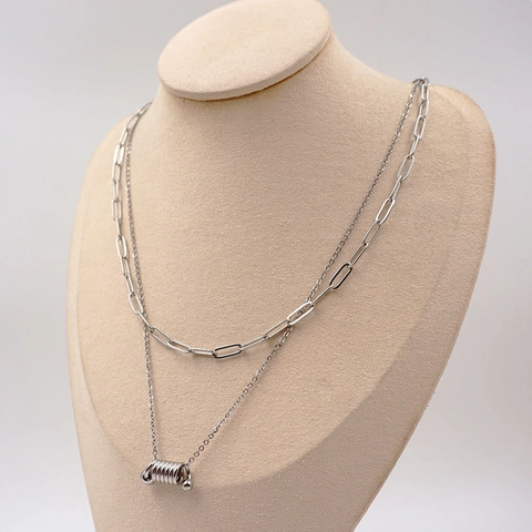 Collana a Doppio Strato in Acciaio al Titanio per Donna Minimalista Pendente a Spirale Geometrico Catena a Graffetta Oro Argento Gioielli