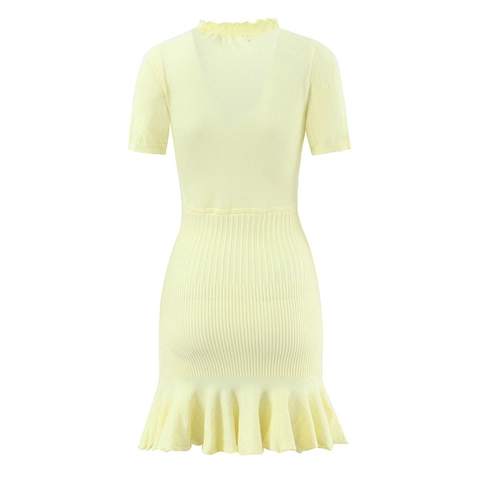 Kurzarm Strick Minikleid Slim Fit Stehkragen Schnürung Rüschensaum Meerjungfrau Bodycon Französischer Stil Damen